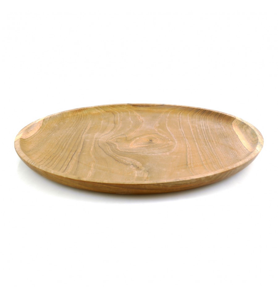 Plateau De Service Rond Bois Teck Massif Brut Artisanal 30cm