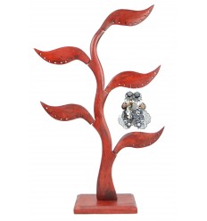 Arbre à bijoux 5 feuilles en bois massif teinte rouge