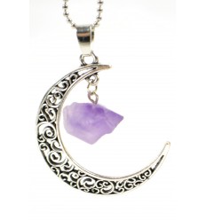 Collar Lithotherapie with pendant Moon and Amethyst natural raw. 