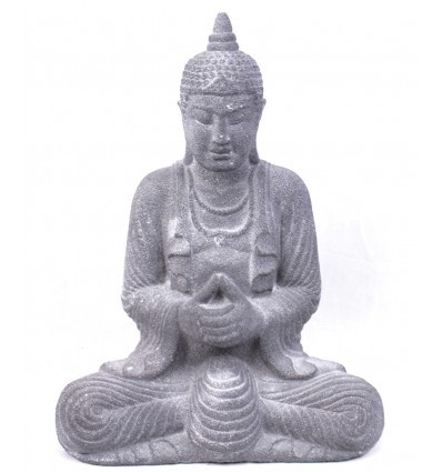 Statua di Buddha in pietra grigia, arredamento asiatico.