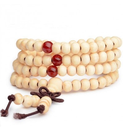 Tibetan Bracelet, Mala in Wood Beads + Endless Knot. Beige colour