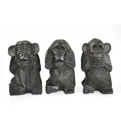 Le 3 Scimmie della Saggezza XL. Statue in legno massello nero H20cm