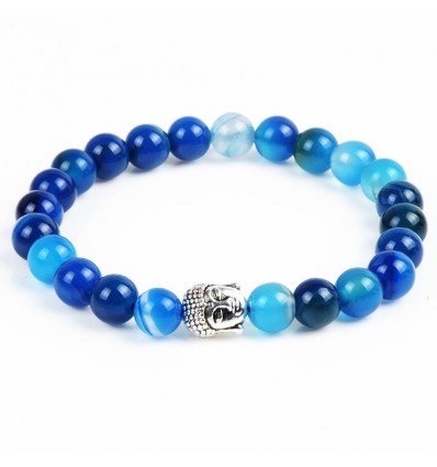 Bracelet in blue Agate + pearl Buddha. Free shipping.