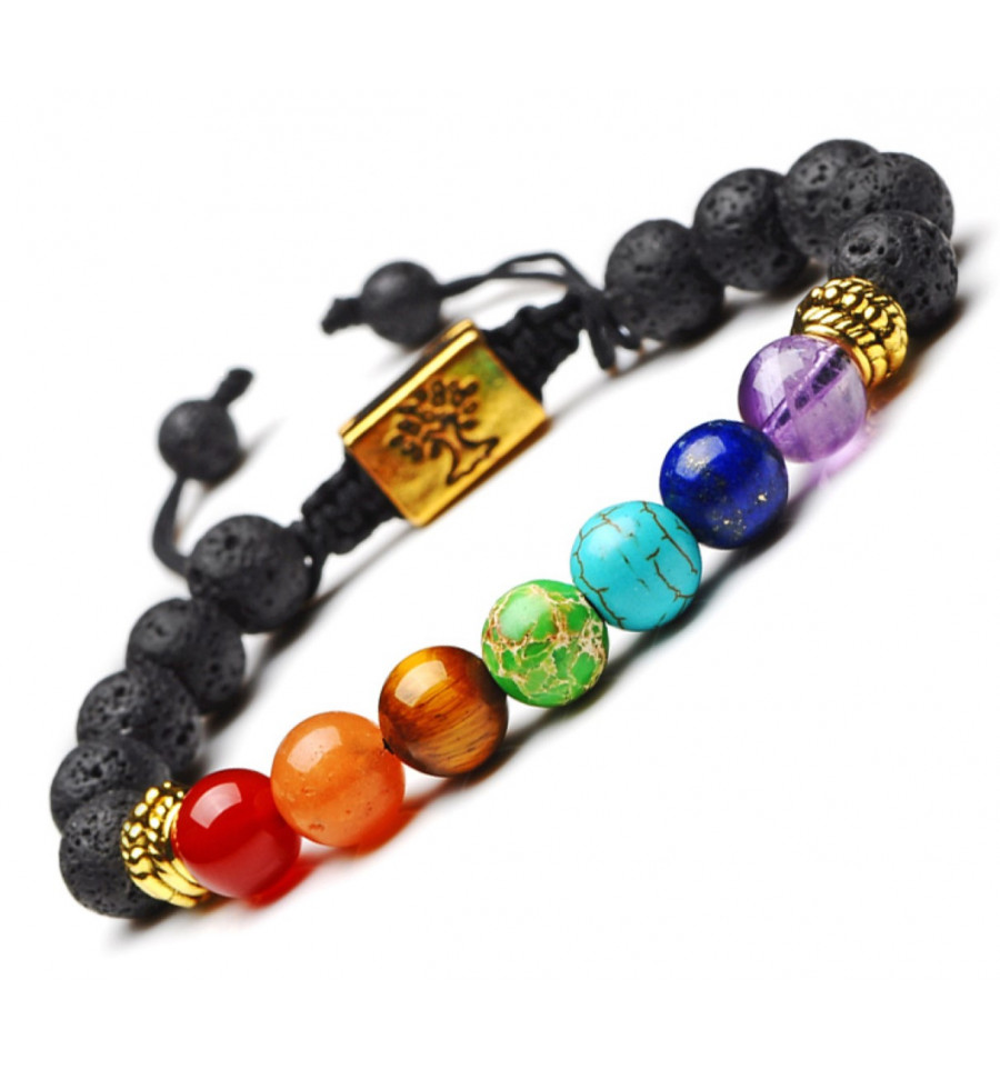 Lava Stone Bracelet And Golden Tree Of Life 7 Chakra Stones