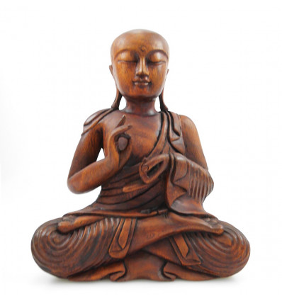 Statue moine bouddhiste shaolin en bois, sculpture artisanale Asie.