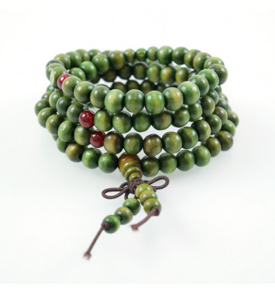 Tibetan Bracelet, Mala in 8mm Wood Beads + Endless Knot. Green colour