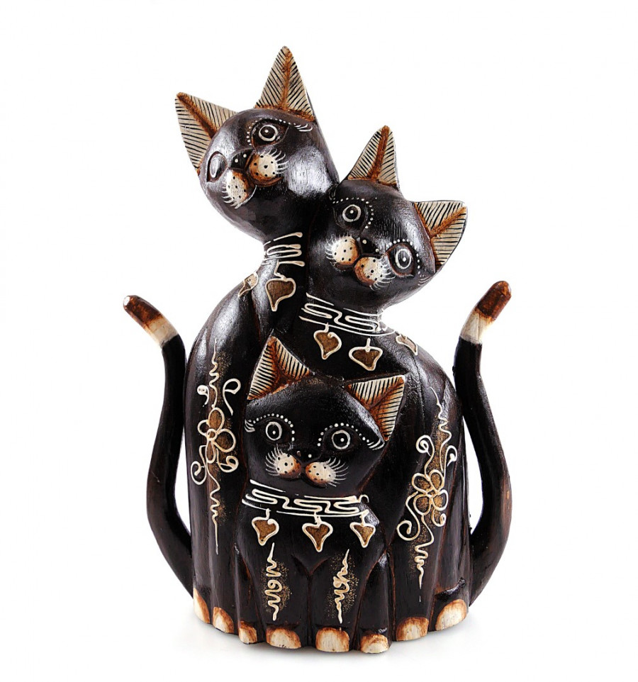 2277 statue famille 3 chats bois decoration artisanale idee cadeau originale