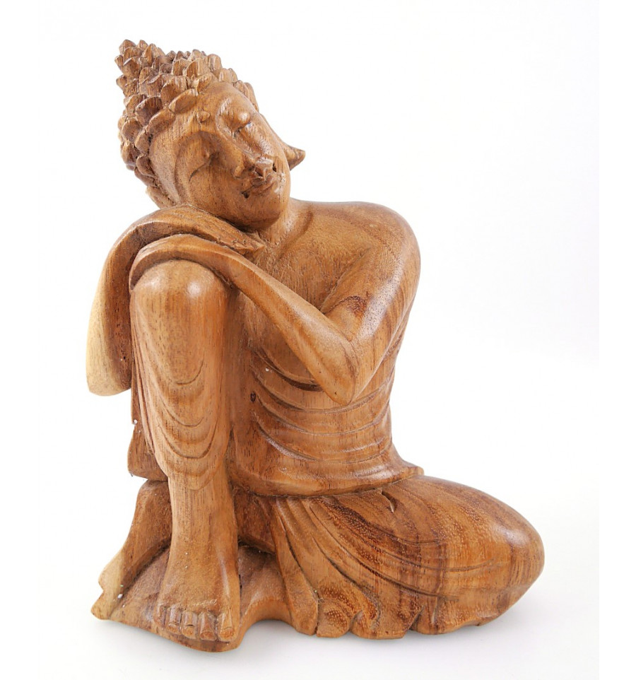 Statuette Bouddha penseur h20cm sculpture en bois naturel 