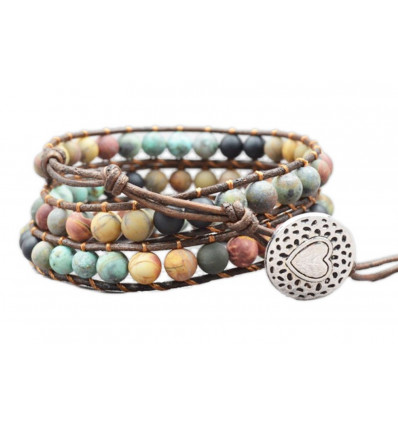 Bracelet Wrap Manchette en cuir et pierres naturelles - Paix et sérénité
