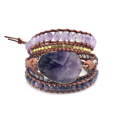 Leather and Amethyst Wrap Bracelet - Anti-stress and relaxing