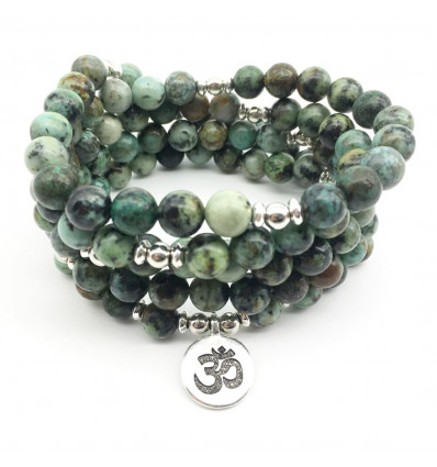 Bracelet mala 108 perles en Turquoise africaine + symbole Ôm