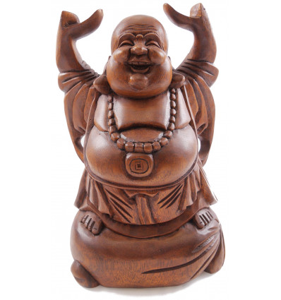 Statua Buddha cinese che ride H30cm. "Buddha felice" in legno esotico intagliato a mano.