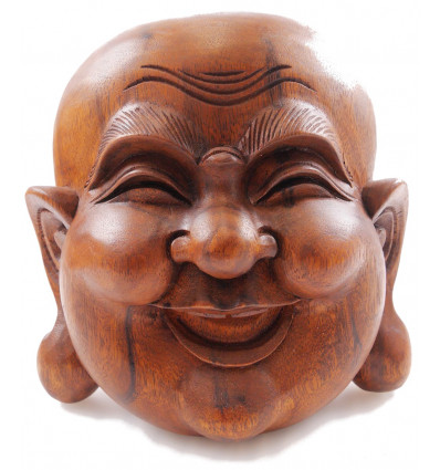 Laughing Chinese Buddha Mask, Solid Wood Hand Carved Asian Decoration