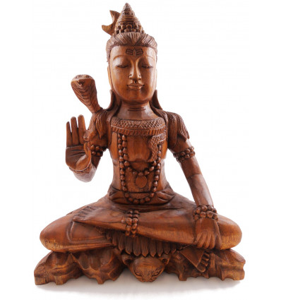 Statue de Shiva assis h30cm en bois massif sculpté teinte marron