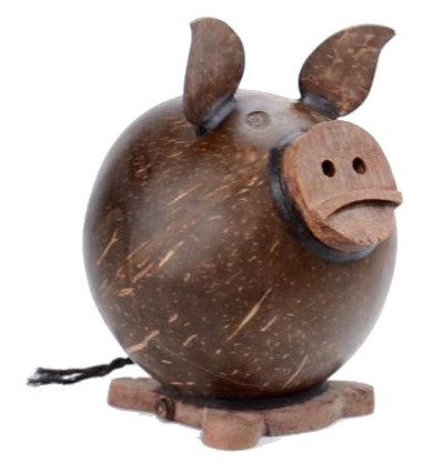 Piggy bank in coconut and wood. Handcrafted in Bali.