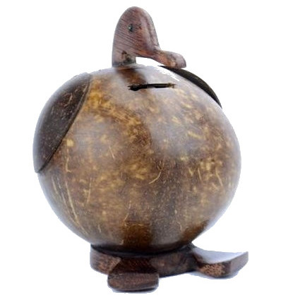 Duck piggy bank in coconut and wood. Handcrafted Bali.