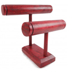 Display for watches and bracelets, wooden jewelry holder with 2 red rushes.