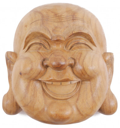 Masque du Bouddha rieur en bois exotique brut H20cm