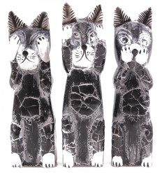 3 statuettes chats noirs et blancs en bois massif "secret du bonheur" 