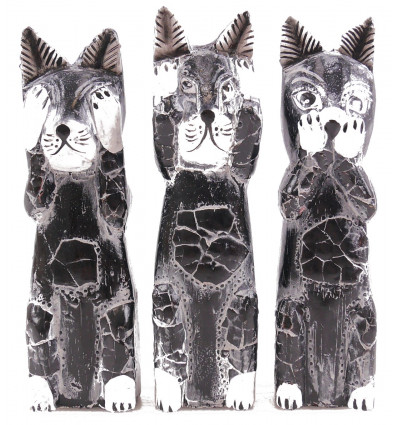3 statuette di gatti in bianco e nero in legno massello "segreto della felicità"