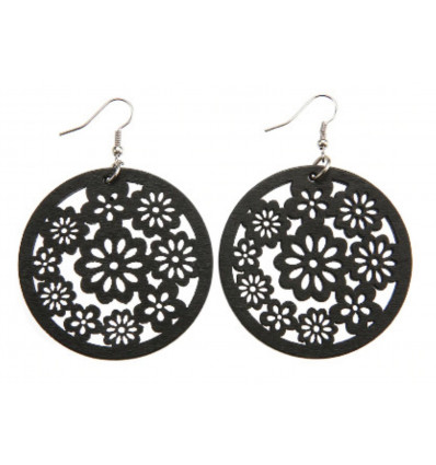 Wooden earrings. Floral pattern. Black tint.