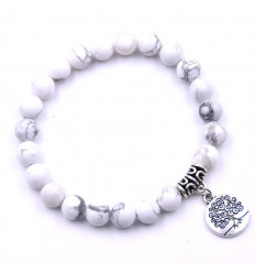 Bracelet lithothérapie Howlite blanche et symbole Arbre de vie