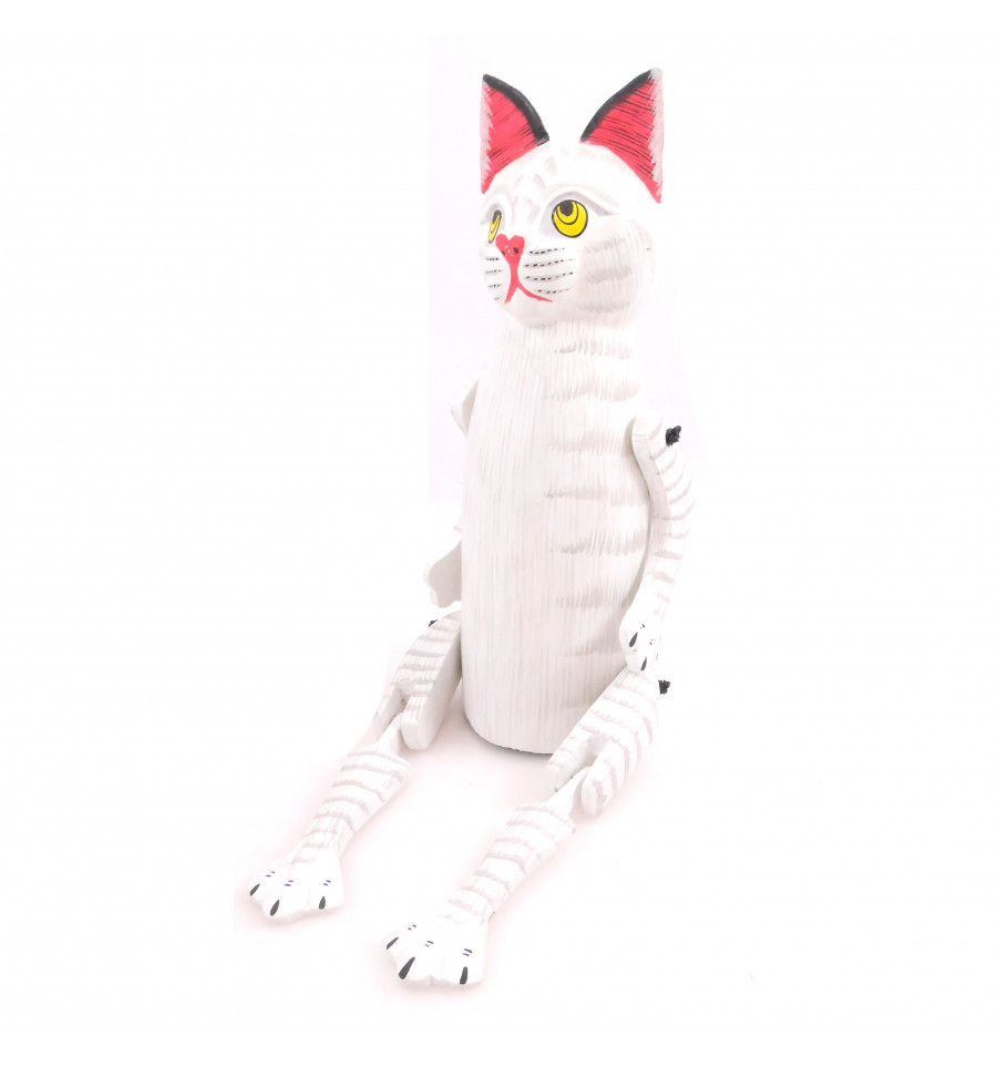 Pantin Marionnette Articulee Chat Blanc En Bois Deco Enfant Fait Main