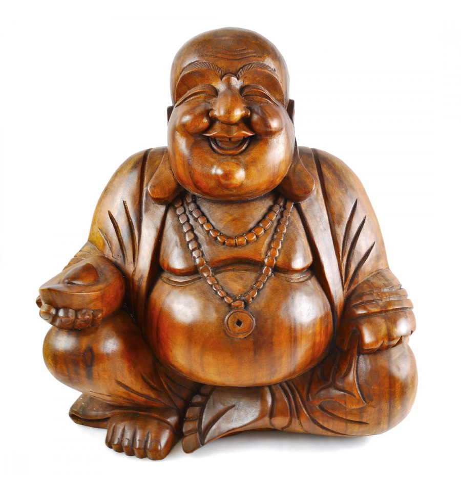 Statua cinese Buddha che ride XL, Happy Buddha, grande scultura in legno.