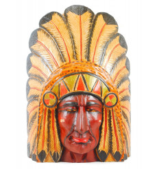 Grande masque de chef indien américain avec coiffe de plumes - bois peint 50cm