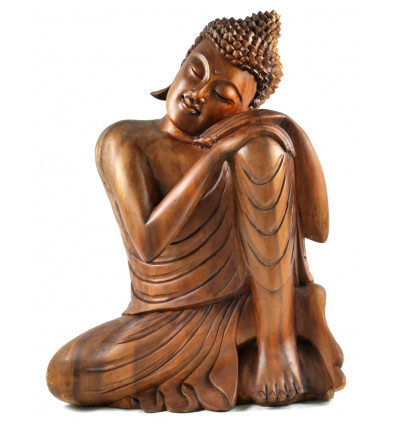 Statue de Bouddha assis sur le côté - Bois massif sculpté main 50cm