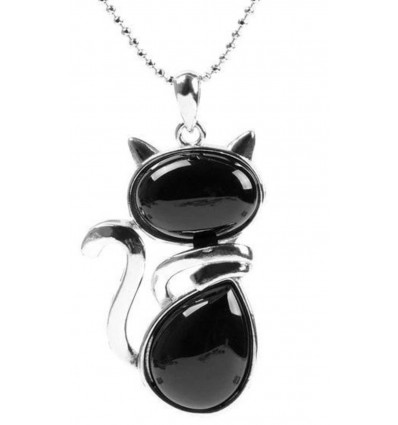 Silver Plated Cat and Natural Onyx Pendant