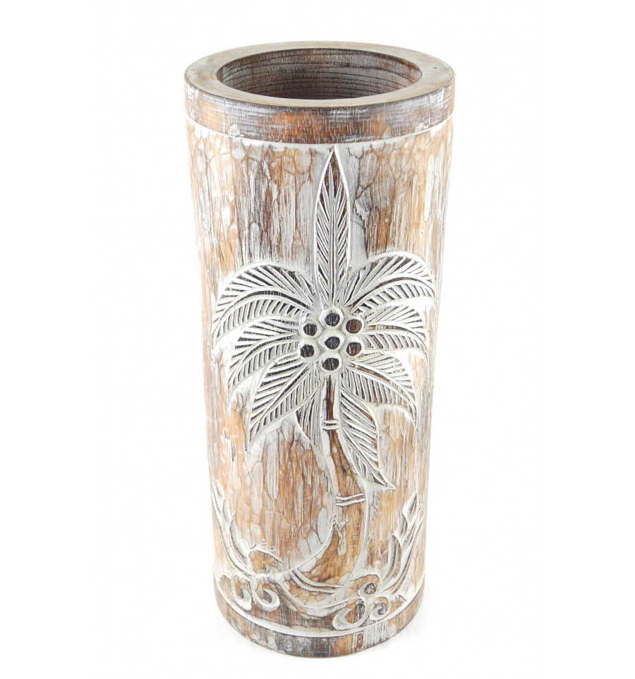 Porta Ombrello Vaso in Legno Intagliato e Dipinto a Motivo di Palma 50cm  Marrone Bianco
