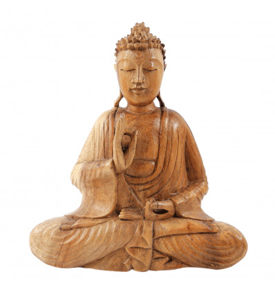Seated Buddha statuette in natural wood, mûdra of education.