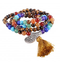 Bracelet multirang 7 chakras, Mala tibétain en Lapis Lazuli et pierres fines, symbole arbre de vie