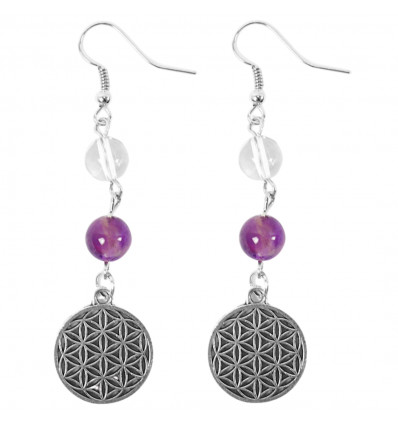 Rock Crystal and Amethyst Earrings with Flower of Life