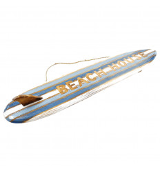 Wall decoration "Beach House" - Decorative surfboard 100cm in blue and white striped wood