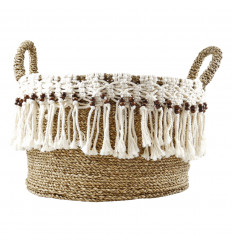 Small Basket or Pot Cover with Handles in Natural Seagrass Macrame and Wood Beads 30cm