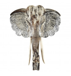 Grande testa di elefante in legno intagliato e dipinto a mano - Orecchie intagliate - Trofeo da parete XL 80cm - Vista frontale