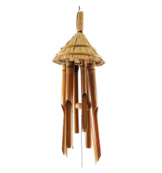 Bamboo and coconut wind chime decoration straw hat face view