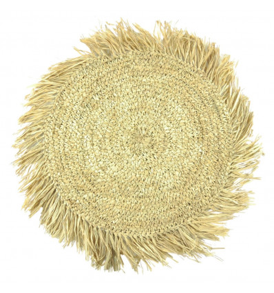 Round Placemat with Fringes in Natural Raffia - front view