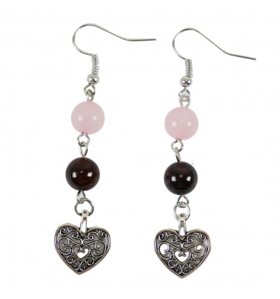 Rose Quartz and Garnet Heart Motif Earrings