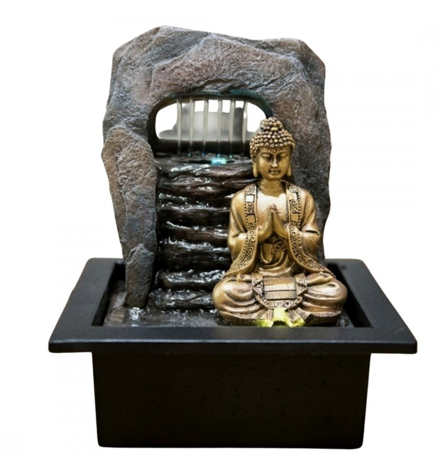 Motivo: Buddha Dorato e Bacino dAcqua Effetto Pietra Weltbild 21,5 x 30,5 x 19 cm Fontana Decorativa da Interni con Illuminazione a LED 