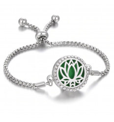 Bracelet Aromathérapie réglable avec diffuseur de parfum - Motif fleur de Lotus argentée & strass
