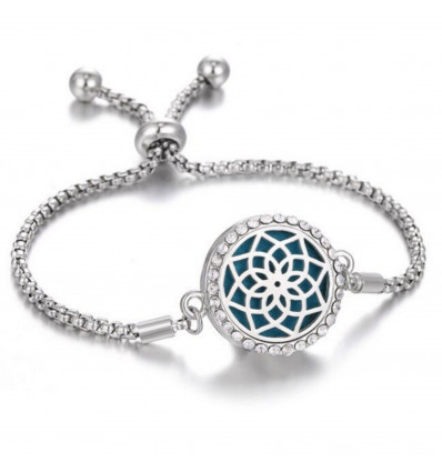 Adjustable Aromatherapy bracelet with fragrance diffuser - Silver open Lotus flower motif & rhinestones