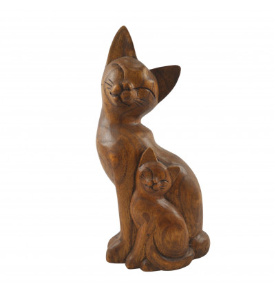 Statue couple of cats in hand-carved stained wood 32cm