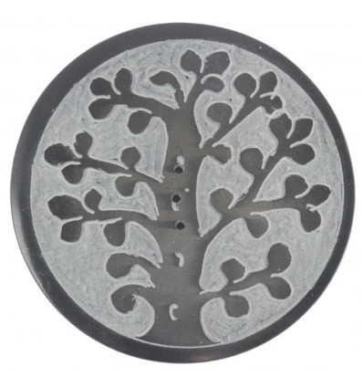 Black and white round incense holder in soapstone - Tree of life symbol