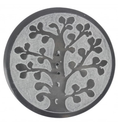 Round Black and White Soapstone Incense Holder - Tree of Life Symbol