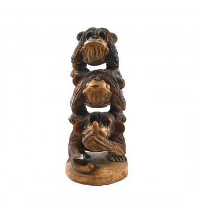Les 3 singes de la sagesse XL. Statue en bois marron 40cm - Face