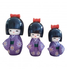 Lot of 3 wooden Kokeshi dolls. Japanese Happiness Gate - Purple Colors
