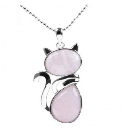 Silver Necklace with Cat Pendant in Genuine Rose Quartz